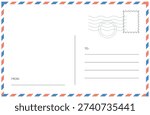 Minimal postal card back design in airmail style featuring striped frame, to and address fields, and vertical divider line. Editable vector mockup for invitations, greetings, and direct mail stationery.
