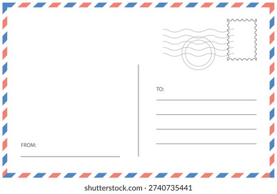 Minimal postal card back design in airmail style featuring striped frame, to and address fields, and vertical divider line. Editable vector mockup for invitations, greetings, and direct mail stationery.
