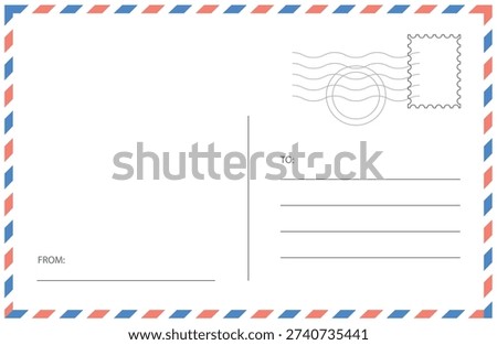 Minimal postal card back design in airmail style featuring striped frame, to and address fields, and vertical divider line. Editable vector mockup for invitations, greetings, and direct mail stationery.

