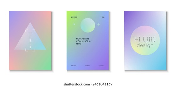 Póster Mínimo. Anuncio creativo. Placa de holograma geométrico. Conjunto Abstractas Azul. Forma 3d. Fondo de triángulo. Colección radial fluorescente. Póster mínimo violeta
