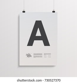 Minimal poster design with big A letter, sample text and paper clips. Eps 10 stock vector illustration