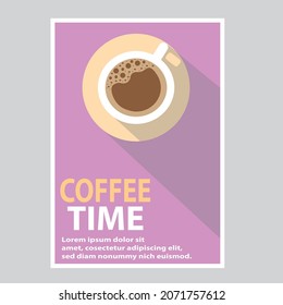 Minimal Poster Design. Cup of Coffee on purple Background  Coffee Time Text.