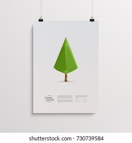 Minimal poster design with paper clips, 3d origami christmas tree and sample text. Eps 10 stock vector illustration 