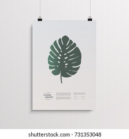 Minimal poster design with paper clips, philodendron leaf and sample text. Eps 10 stock vector illustration 