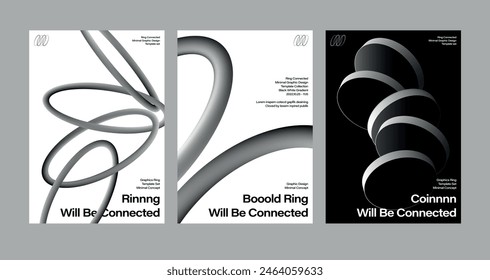 Minimal poster design set black white monochrome gradient modern art style  abstract ring intertwine coin link line Linear Wall White Minimalist Poster Nordic Room Prints annual exhibition urban style