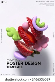 Minimal poster design template with dynamic strawberry cut into slices and realistic 3d cartoon elements. Fruit fresh mix branding promotional cover sticker or banner. Vector illustration