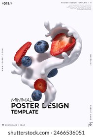 Minimal poster design template with dynamic splashes of white liquid milk yogurt with strawberry blueberry fruit fresh mix, realistic 3d effect. vector illustration