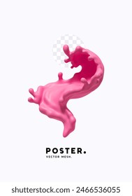 Minimal poster design template with dynamic splashes of pink liquid milk yogurt, realistic 3d effect. vector illustration