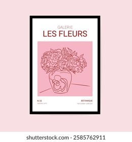 Minimal poster with flowers. Abstract floral line art print with boho wildflowers in a poster frame, botanical sketch for wall art gallery. Vector illustration.