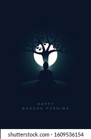 Minimal Poster of Happy Buddha Purnima Vesak Lord Buddha in Meditation under Tree at beautiful Moon Light coming from Back