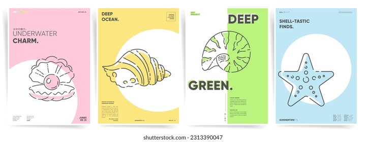 Minimal Poster with Yellow Pink Green Blue Pastel Sea Shell Patterns. Abstract and Modern Vector Designs in Bright and Trendy Tones. Summer mood minimal backgrounds for Poster, Cover, Brochure, Banner