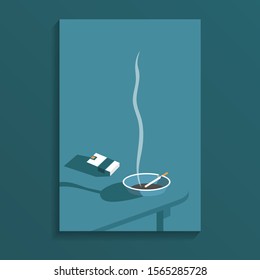 Minimal POV of the table area with 
ashtray and pack or cigarette on the blue table/ ashtray with cigarette on minimal table 