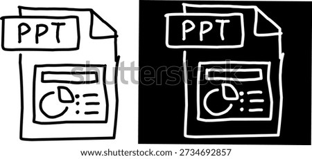 Minimal PPT presentation file icon in black and white, document with charts illustration shown on light and dark backgrounds, clean outline vector design.