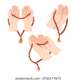 Minimal praying hands with prayer beads illustration set. Ideal for religious content, Islamic themes, educational materials, etc.
