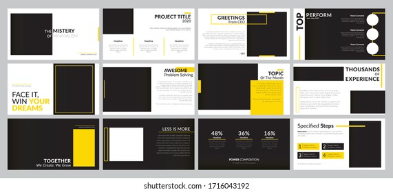 Minimal Presentation Background Templates For Business Report, Keynote, Marketing, Advertisement, And Google Slide. Clean And Professional Looks. Yellow And Black Modern Presentation Template Designs.