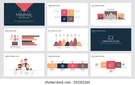 Minimal presentation slide templates and business brochures. Set of modern infographic elements for web, print, magazine, flyer, brochure, media, marketing and advertising concepts. Vector