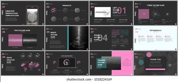 Minimal presentation templates. Tech elements on black background. Technology sci-fi concept vector design. Presentation slides for flyer, leaflet, brochure, report, marketing, advertising, banner