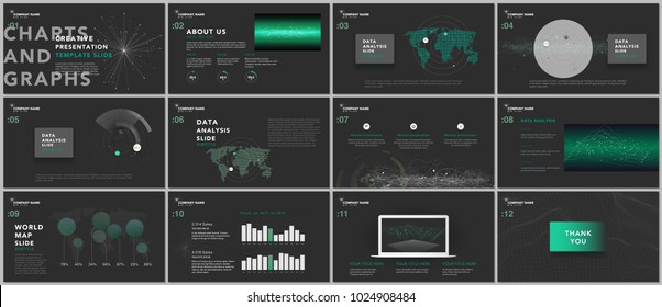 Minimal presentation templates. Tech elements on black background. Technology sci-fi concept vector design. Presentation slides for flyer, leaflet, brochure, report, marketing, advertising, banner.