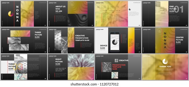Minimal presentations design, portfolio vector templates with elements on black background. Multipurpose template for presentation slide, flyer leaflet, brochure cover, report, marketing, advertising.