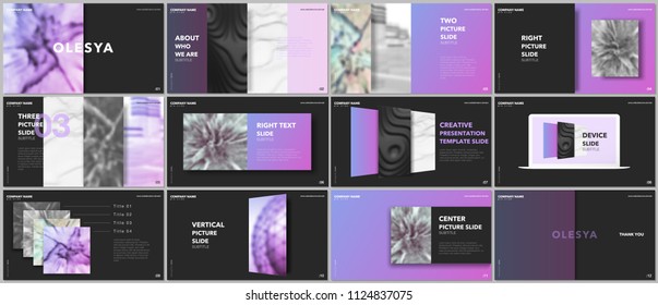 Minimal presentations design, portfolio vector templates with elements on black background. Multipurpose template for presentation slide, flyer leaflet, brochure cover, report, marketing, advertising.