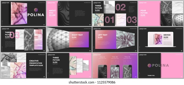 Minimal presentations design, portfolio vector templates with elements on black background. Multipurpose template for presentation slide, flyer leaflet, brochure cover, report, marketing, advertising.
