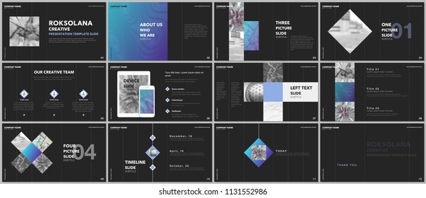 Minimal presentations design, portfolio vector templates with elements on black background. Multipurpose template for presentation slide, flyer leaflet, brochure cover, report, marketing, advertising.