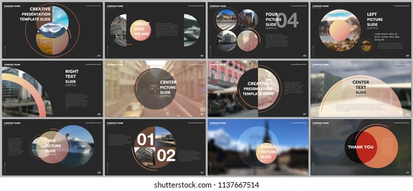 Minimal presentations design, portfolio vector templates with circle elements on black background. Multipurpose template for presentation slide, flyer leaflet, brochure cover, report, advertising.