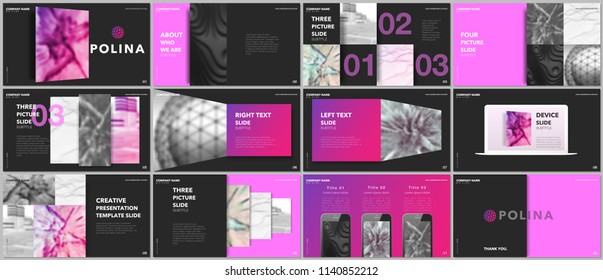Minimal presentations design, portfolio vector templates with elements on black background. Multipurpose template for presentation slide, flyer leaflet, brochure cover, report, marketing, advertising.