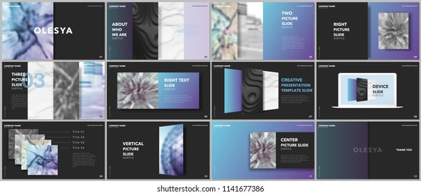 Minimal presentations design, portfolio vector templates with elements on black background. Multipurpose template for presentation slide, flyer leaflet, brochure cover, report, marketing, advertising.