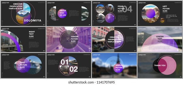 Minimal presentations design, portfolio vector templates with circle elements on black background. Multipurpose template for presentation slide, flyer leaflet, brochure cover, report, advertising.