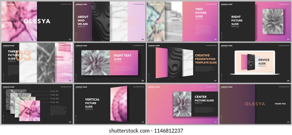 Minimal presentations design, portfolio vector templates with elements on black background. Multipurpose template for presentation slide, flyer leaflet, brochure cover, report, marketing, advertising.