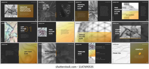Minimal presentations design, portfolio vector templates with elements on black background. Multipurpose template for presentation slide, flyer leaflet, brochure cover, report, marketing, advertising.