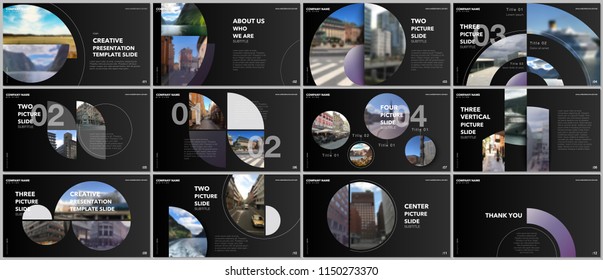 Minimal presentations design, portfolio vector templates with circle elements on black background. Multipurpose template for presentation slide, flyer leaflet, brochure cover, report, advertising.