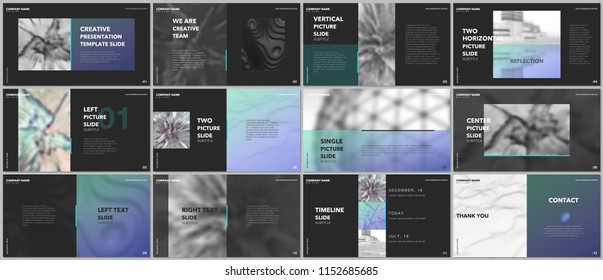 Minimal presentations design, portfolio vector templates with elements on black background. Multipurpose template for presentation slide, flyer leaflet, brochure cover, report, marketing, advertising.