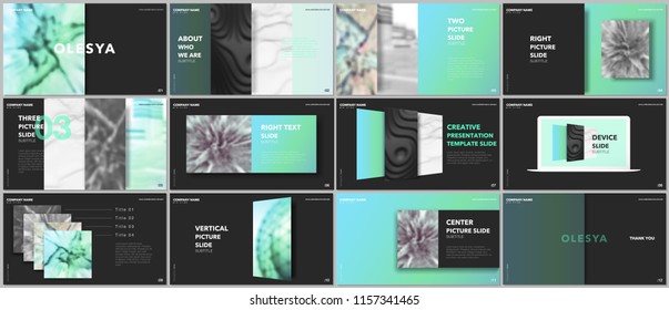 Minimal presentations design, portfolio vector templates with elements on black background. Multipurpose template for presentation slide, flyer leaflet, brochure cover, report, marketing, advertising.