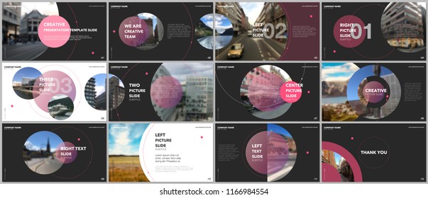 Minimal presentations design, portfolio vector templates with circle elements on black background. Multipurpose template for presentation slide, flyer leaflet, brochure cover, report, advertising