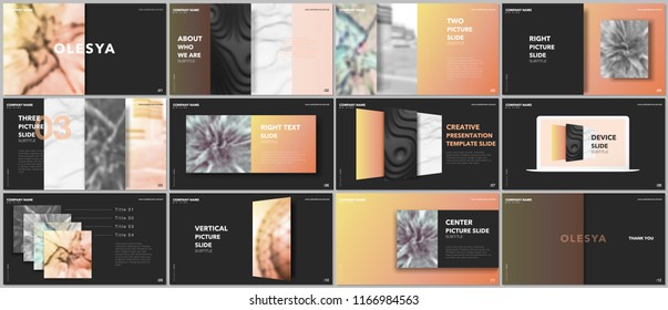 Minimal presentations design, portfolio vector templates with elements on black background. Multipurpose template for presentation slide, flyer leaflet, brochure cover, report, marketing, advertising