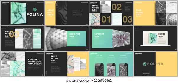 Minimal presentations design, portfolio vector templates with elements on black background. Multipurpose template for presentation slide, flyer leaflet, brochure cover, report, marketing, advertising