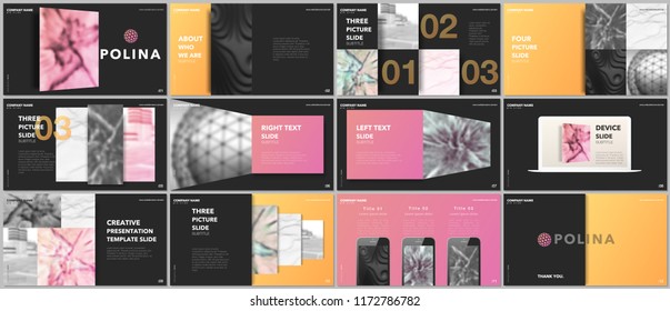 Minimal presentations design, portfolio vector templates with elements on black background. Multipurpose template for presentation slide, flyer leaflet, brochure cover, report, marketing, advertising.