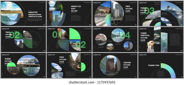 Minimal Presentations Design, Portfolio Vector Templates With Circle Elements On Black Background. Multipurpose Template For Presentation Slide, Flyer Leaflet, Brochure Cover, Report, Advertising