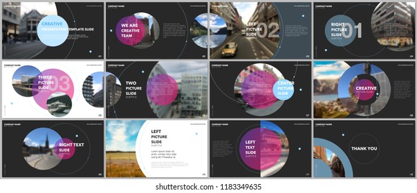 Minimal presentations design, portfolio vector templates with circle elements on black background. Multipurpose template for presentation slide, flyer leaflet, brochure cover, report, advertising