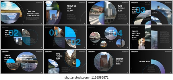 Minimal presentations design, portfolio vector templates with circle elements on black background. Multipurpose template for presentation slide, flyer leaflet, brochure cover, report, advertising.