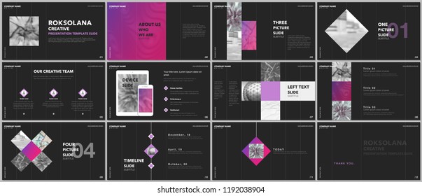 Minimal presentations design, portfolio vector templates with elements on black background. Multipurpose template for presentation slide, flyer leaflet, brochure cover, report, marketing, advertising.