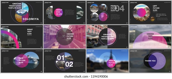 Minimal presentations design, portfolio vector templates with circle elements on black background. Multipurpose template for presentation slide, flyer leaflet, brochure cover, report, advertising.