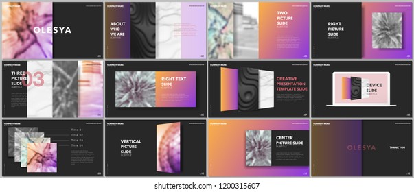 Minimal presentations design, portfolio vector templates with elements on black background. Multipurpose template for presentation slide, flyer leaflet, brochure cover, report, marketing, advertising.