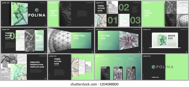 Minimal presentations design, portfolio vector templates with elements on black background. Multipurpose template for presentation slide, flyer leaflet, brochure cover, report, marketing, advertising.
