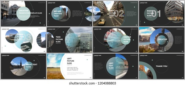 Minimal presentations design, portfolio vector templates with circle elements on black background. Multipurpose template for presentation slide, flyer leaflet, brochure cover, report, advertising.