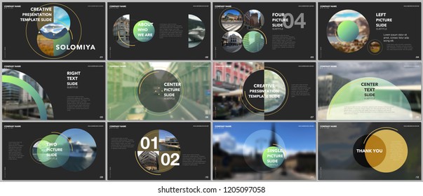 Minimal presentations design, portfolio vector templates with circle elements on black background. Multipurpose template for presentation slide, flyer leaflet, brochure cover, report, advertising.