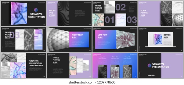 Minimal presentations design, portfolio vector templates with elements on black background. Multipurpose template for presentation slide, flyer leaflet, brochure cover, report, marketing, advertising.