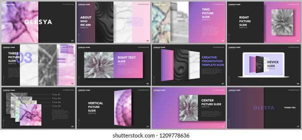 Minimal presentations design, portfolio vector templates with elements on black background. Multipurpose template for presentation slide, flyer leaflet, brochure cover, report, marketing, advertising.